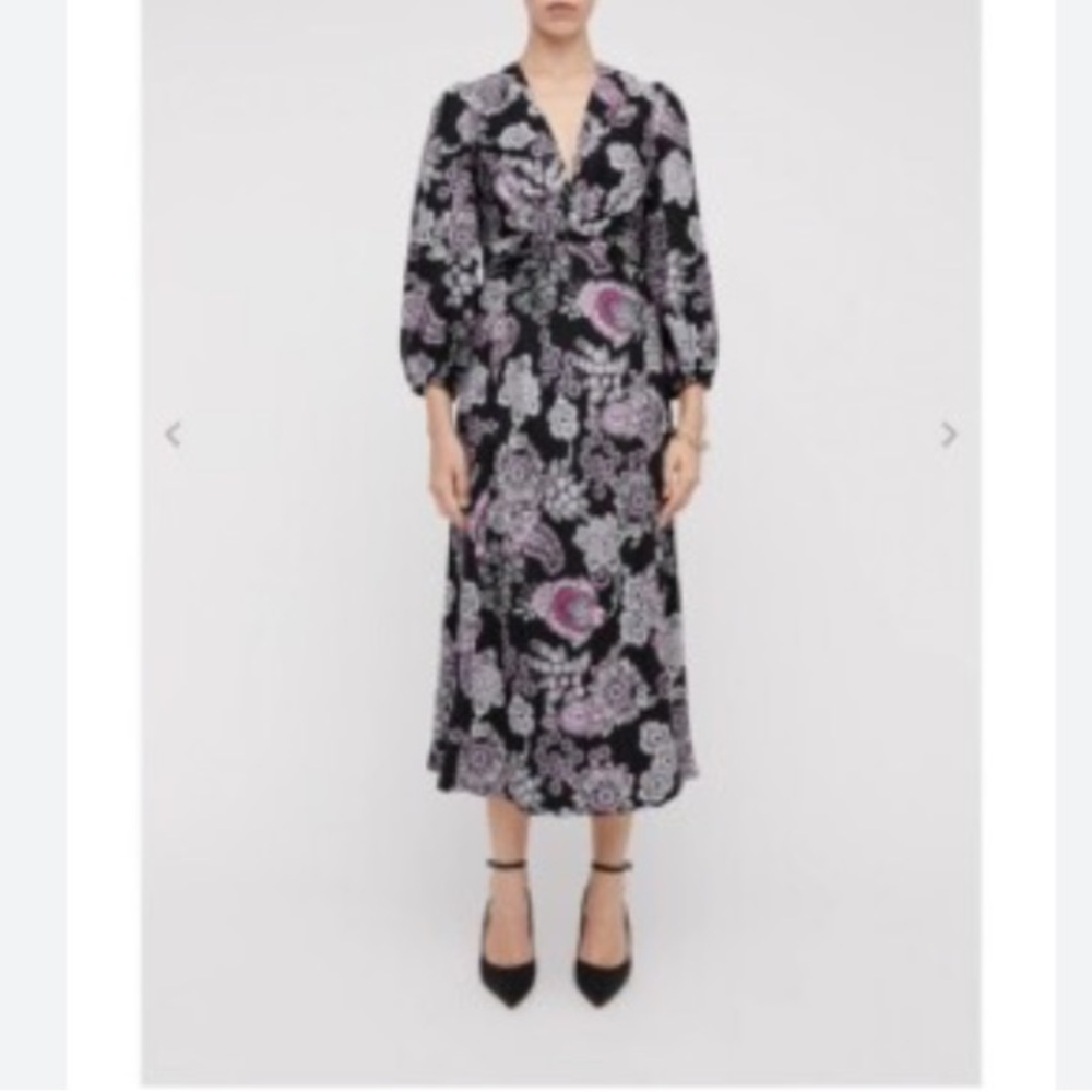 SCANLAN THEODORE BLACK / PINK MULTI PAISLEY PRINTED LONG SLEEVED 100% SILK DRESS